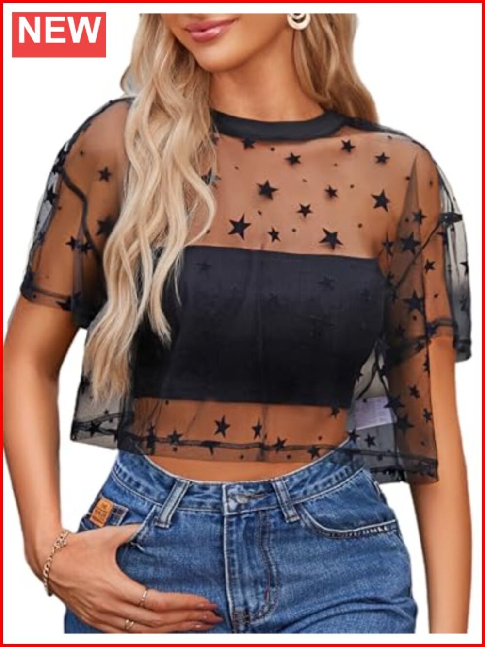 Mesh Crop Top Sheer See Through Short Sleeve Geometric Print Blouse